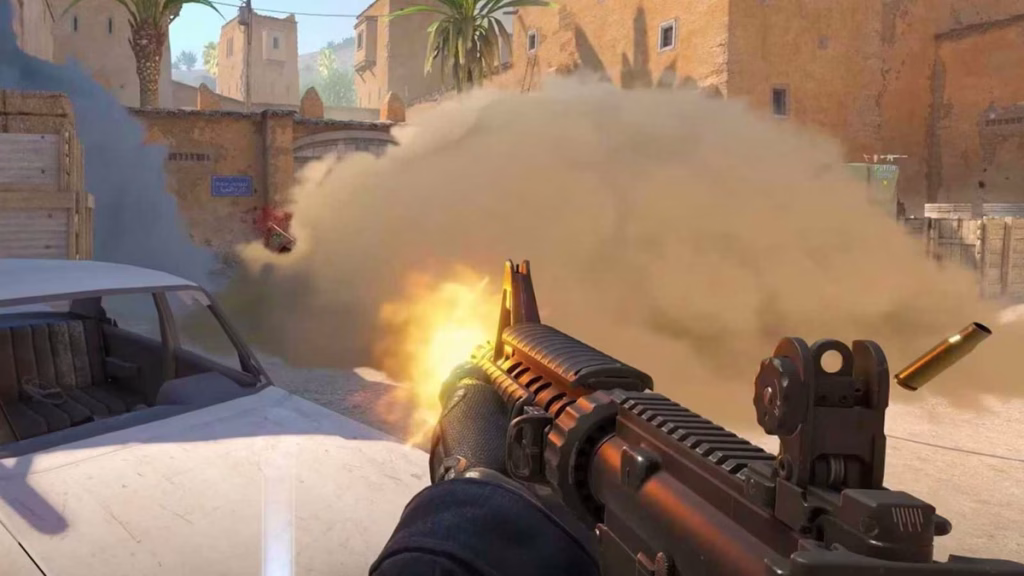 In-game gameplay of CS2 with smoke on a bombsite to depict the level of clutter some of the best CS2 settings can fix