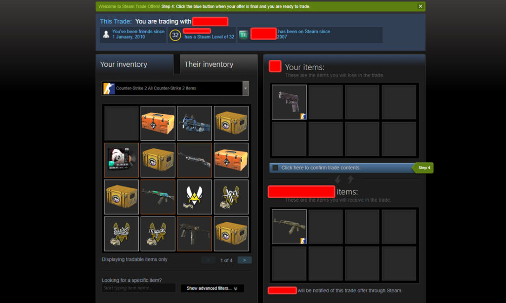 CS2 stickers explained: Everything to know about them - Pley.gg Trading menu in Steam showcasing different CS2 items