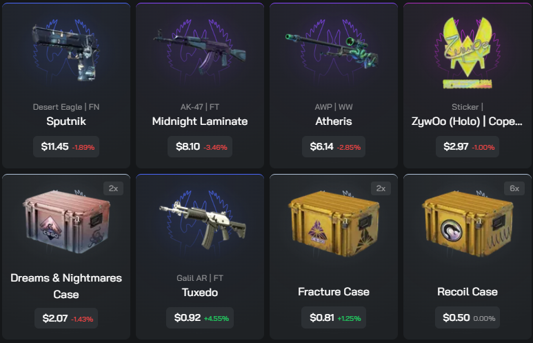 a CS2 inventory value depiction showcasing the item value and the change in percentage of that price