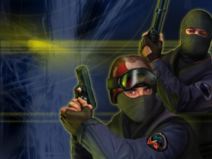 the original CS 1.6 start menu with two CT characters holding guns