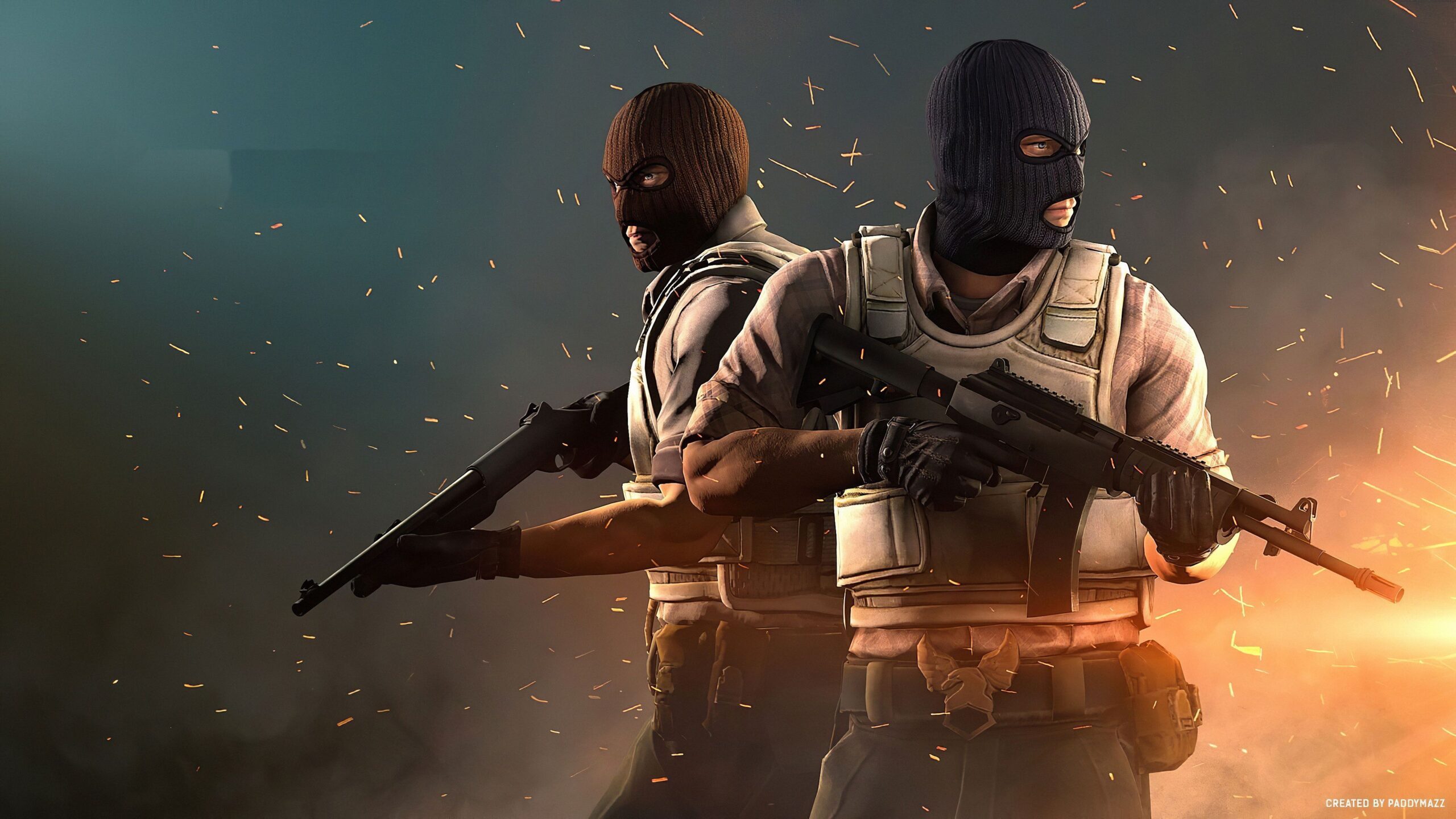 two Terrorist agents holding guns and watching different sides of the map, depicting the "rouge" side of the playerbase, often seen on CS2 Overwatch