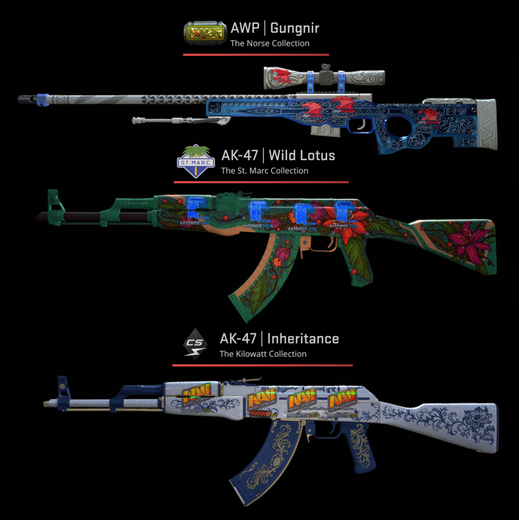 AWP and two AK weapon skins with stickers to depict the increase in value on the CS2 skins market when applying the right stickers