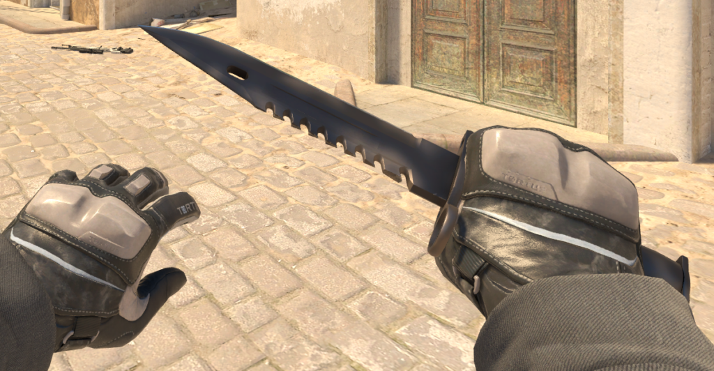 a black Scorched skin on an M9 Bayonet, one of the more budget-friendly CS2 knives