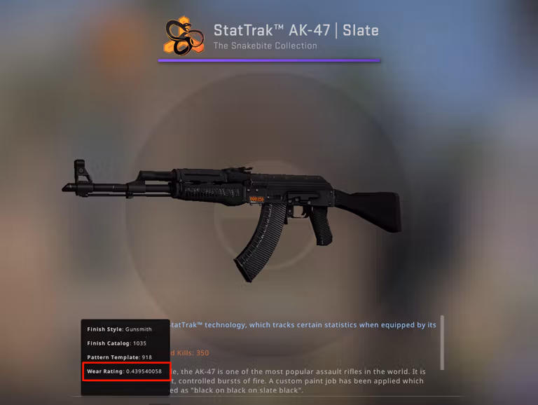 an AK47 Slate skin with a wear rating displayed to depict the intricacies of the CS2 skins market
