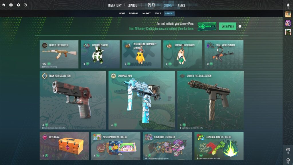 The smartest way to allocate your 40 Armory pass credits - Pley.gg the Armory Pass shop in CS2 with different items displayed for future purchases