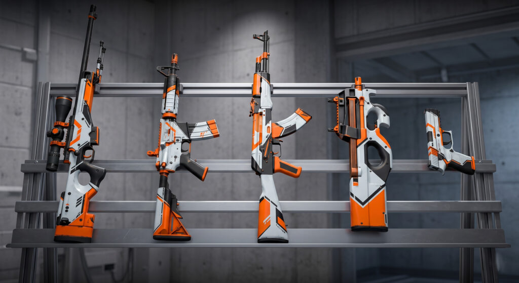 All five of the Asiimov weapons on display