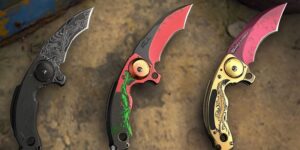 three CS2 knives on a rusty surface