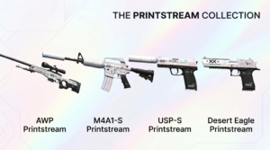 Printstream weapons in a row on a white background