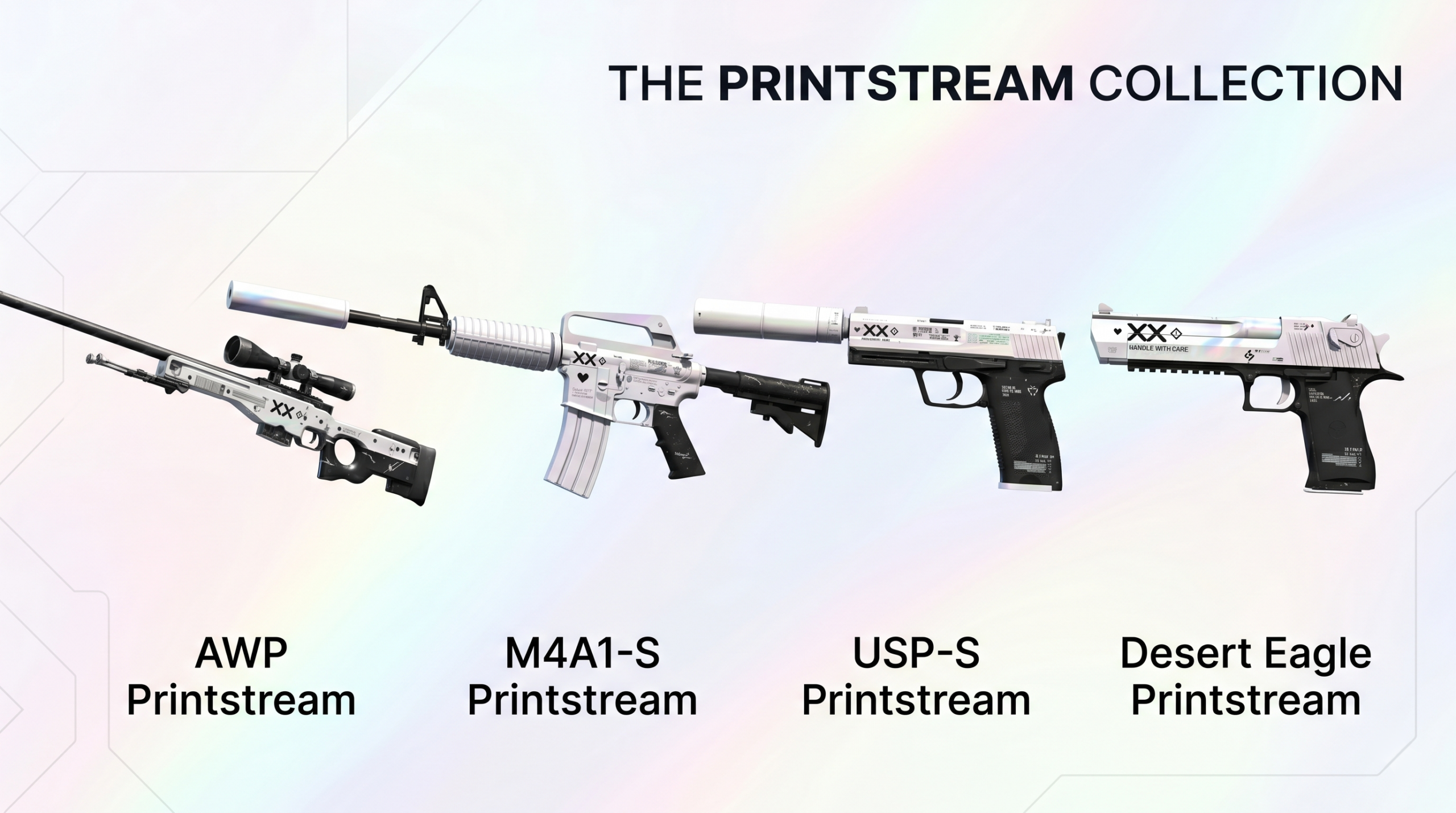Printstream weapons in a row on a white background