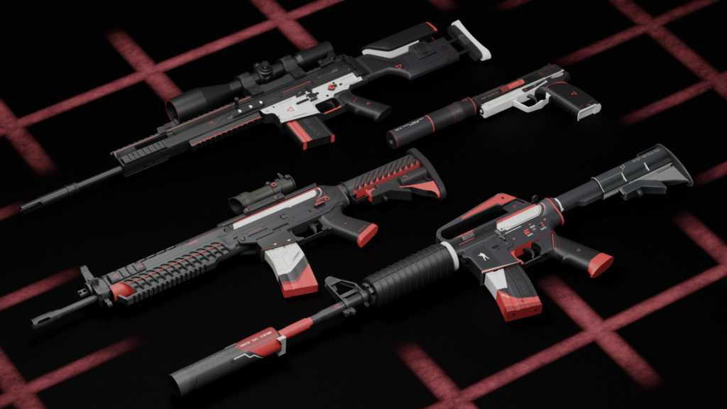 all four Cyrex weapons with skins on a platform