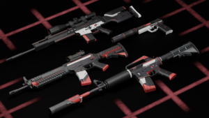 all four Cyrex weapons with skins on a platform