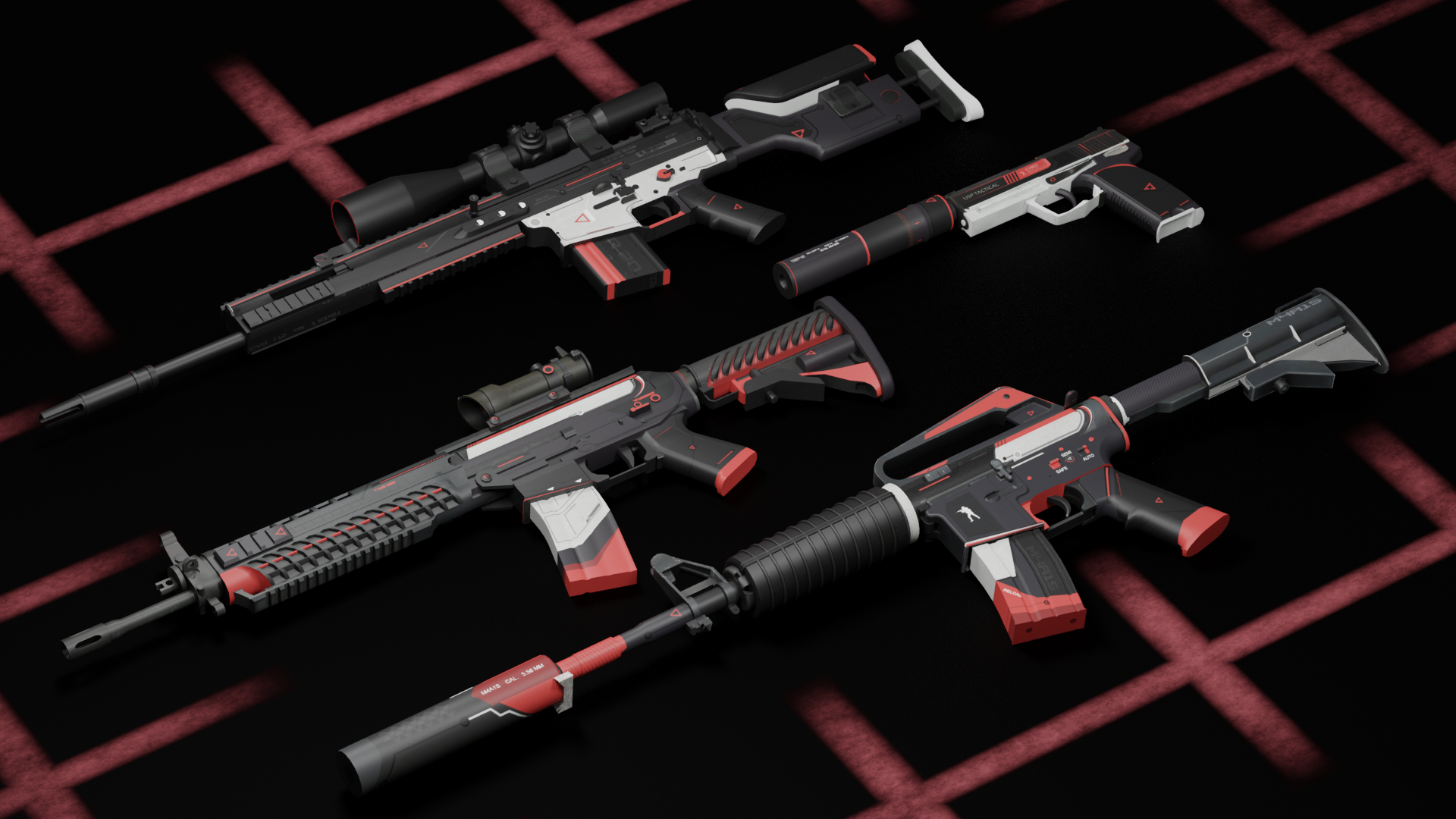 all four Cyrex weapons with skins on a platform