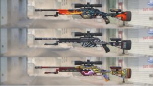 Three AWP skins displayed to depict the range of the CS2 skins prices