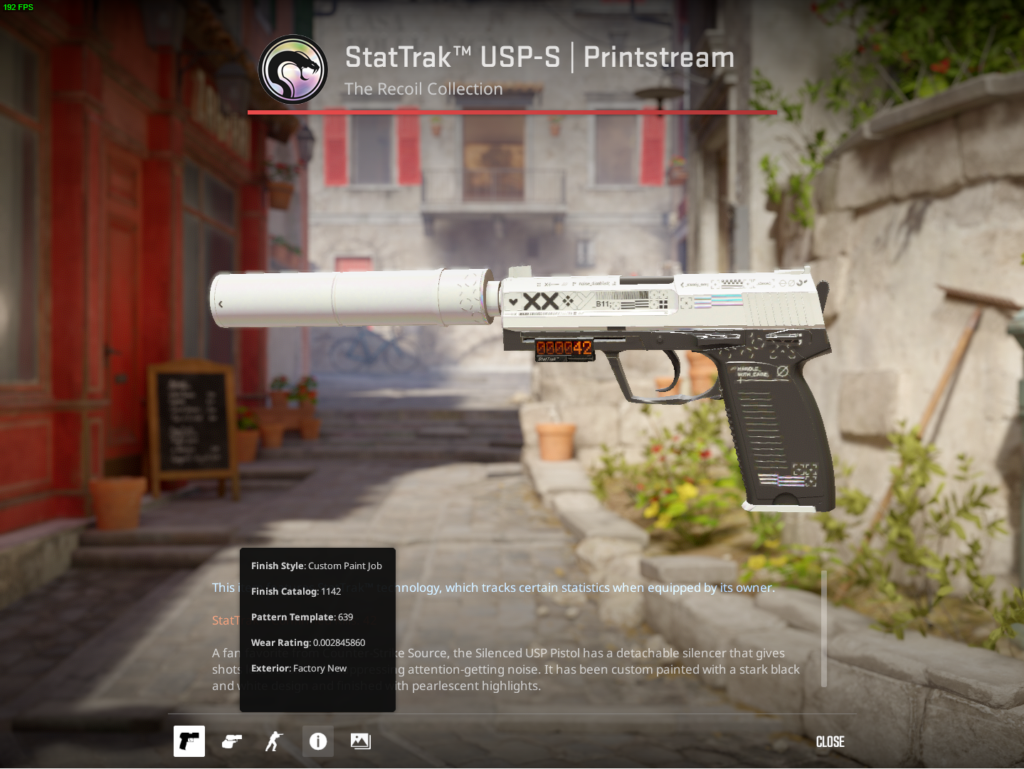 a StatTrak USP-S Printstream display with finish style, pattern template, wear rating, and exterior information