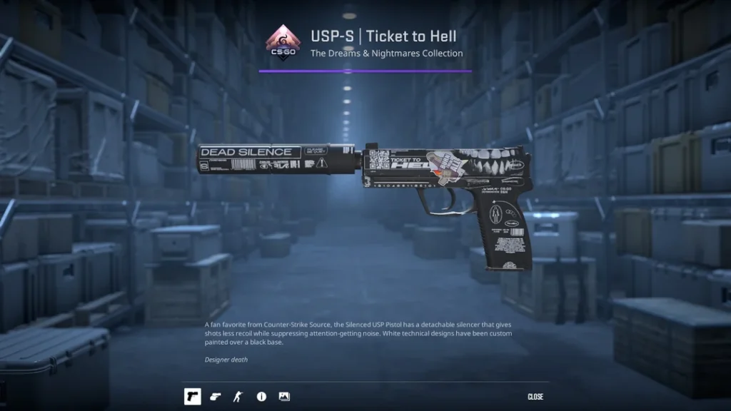 a Ticket to Hell USP-S with applied stickers