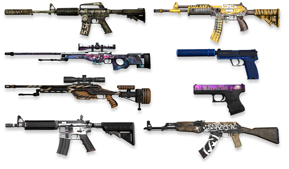 various weapons with skins to depict the skins market in CS2