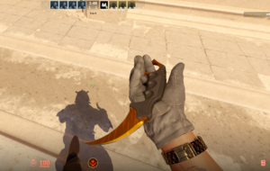 a person holding a Karambit knife in-game, to depict the popularity of CS2 knife drops