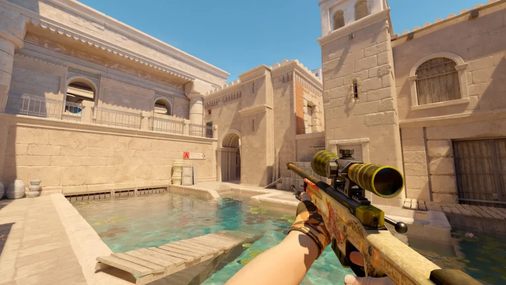 a person using one of the most legendary AWP skins in bathhouse on Anubis