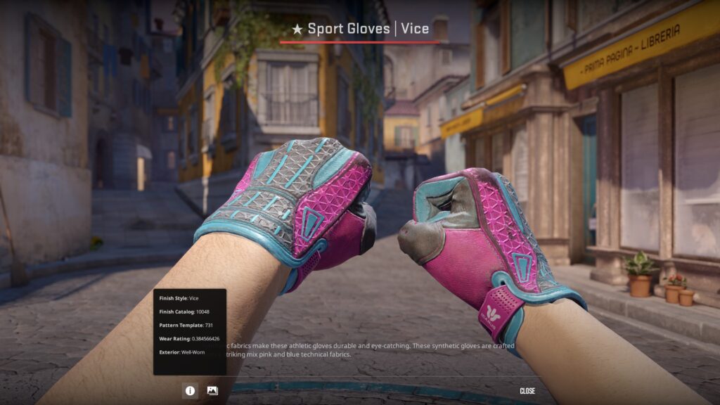 Sport Gloves Vice skin preview in game, with the additional information of the CS2 float, pattern, finish style, and the quality of the gloves depicted at the bottom