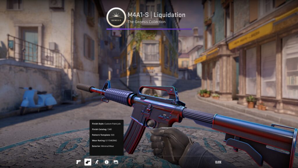 a Minimal Wear M4A1-S Liquidation skin depicting the almost non-existing difference between the Factory New and Minimal Wear CS2 float values