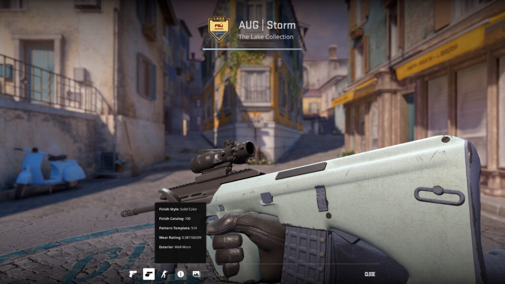 an AUG Storm skin preview with a Well-Worn CS2 float rating