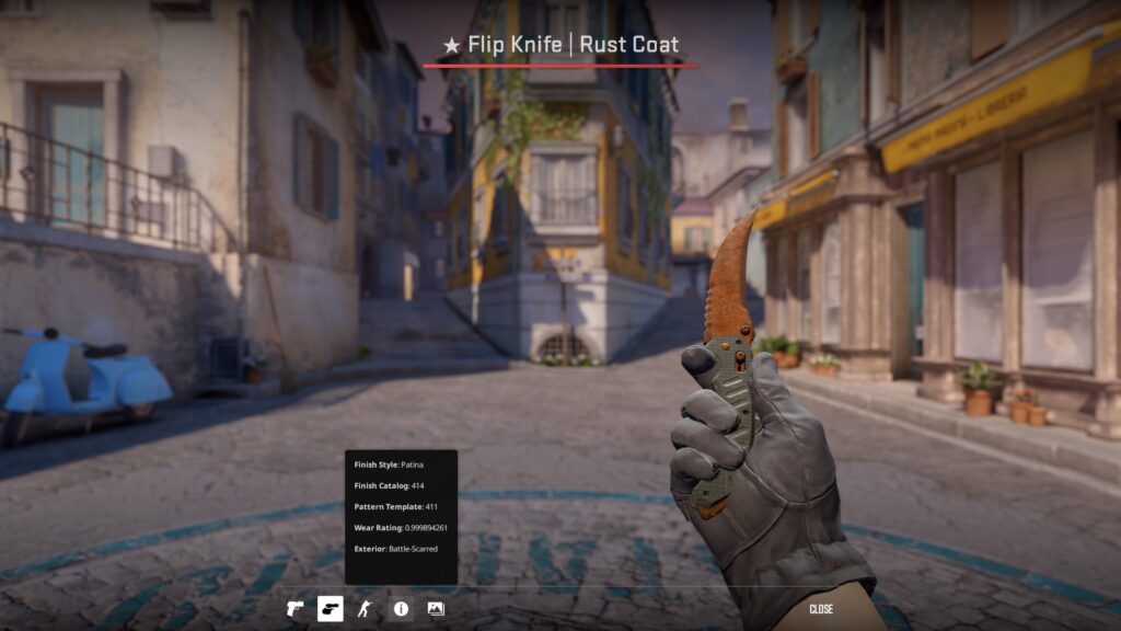 a Battle-Scarred Flip knife with Rust Coat pain on it and a 0.99 CS2 float rating