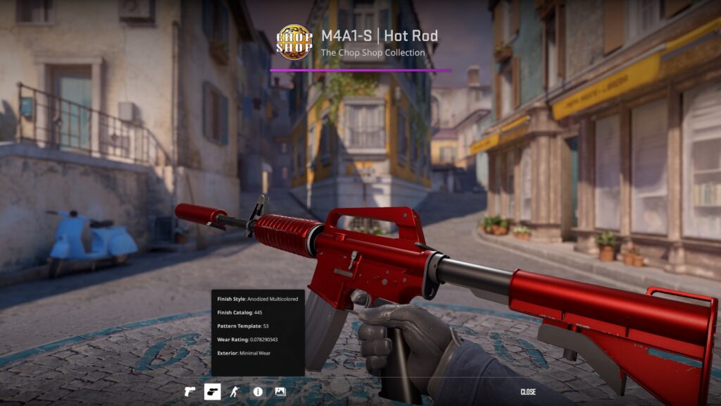 the M4A1-S Hot Rod skin in Minimal Wear, showing wear rating signs as if it was Battle Scared due to low CS2 float rating limits