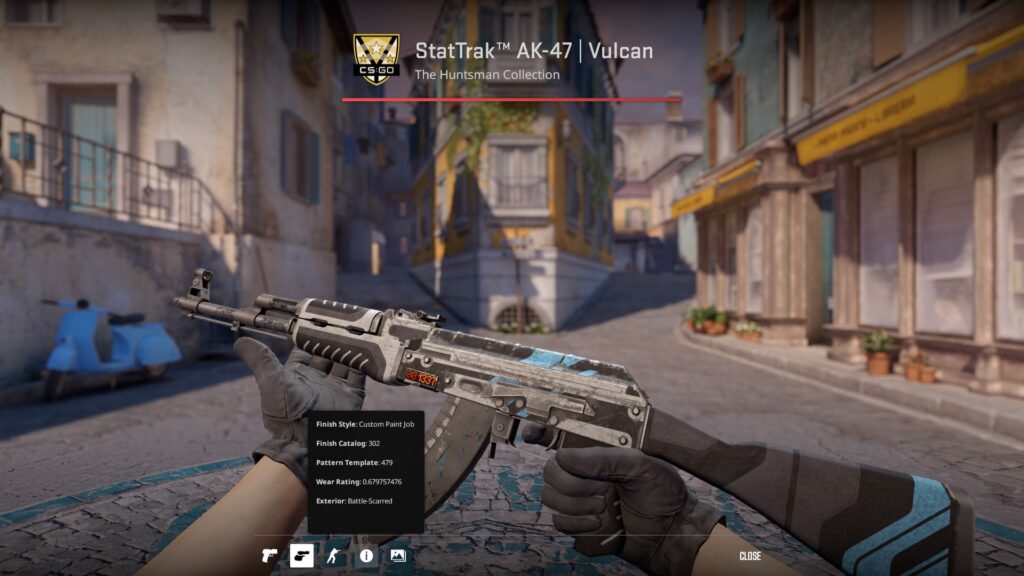 AK-47 Vulcan skin preview in Battle-Scarred condition, showcasing the level of paint removal depending on the CS2 float rate