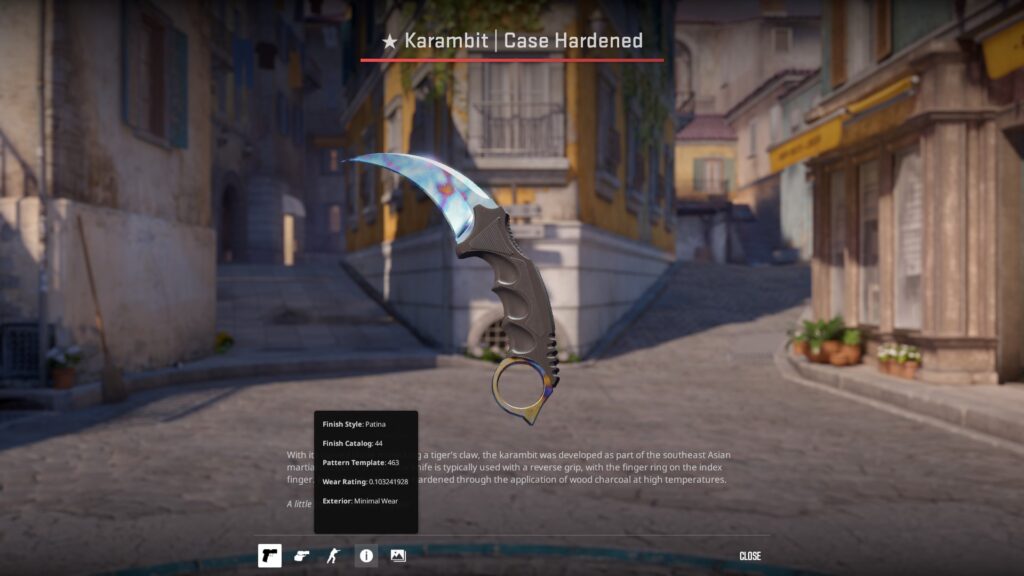 a Case Hardened Karambit knife preview with a CS2 pattern that is sought after by the community