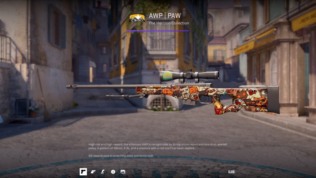 AWP PAW skin preview depicting a cat holding a grenade, as one of the main CS2 patterns factor for pricing