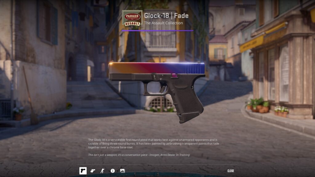 Glock 18 Fade inspect with multiple colors like yellow, red, blue, gold, purple, pink