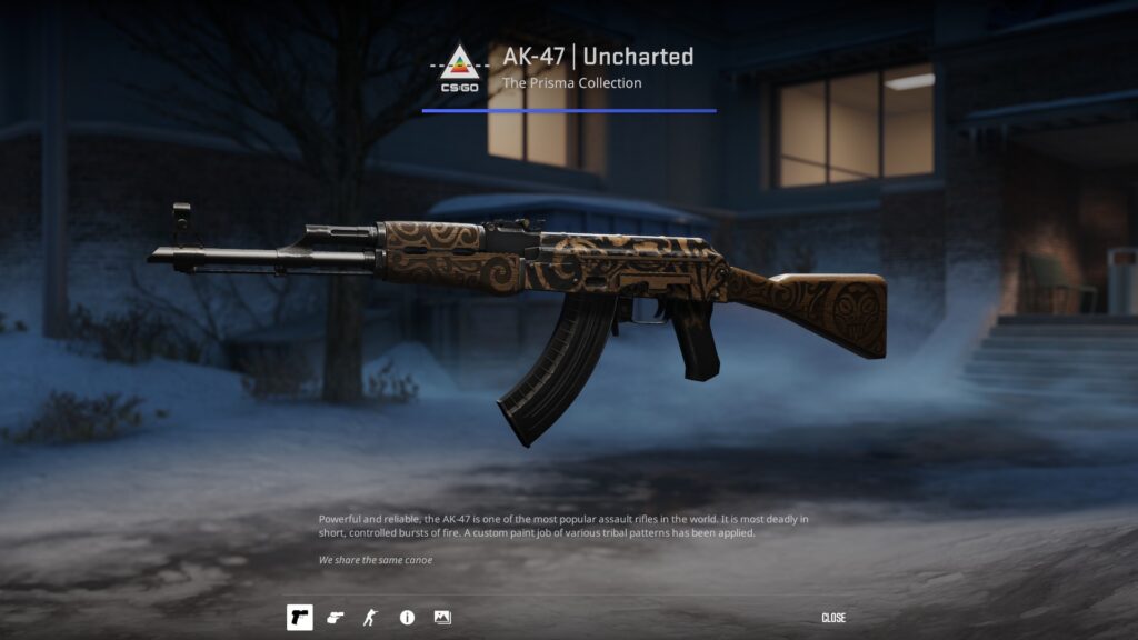 a preview of the Factory New Uncharted skin, one of the more common AK-47 skins under $5