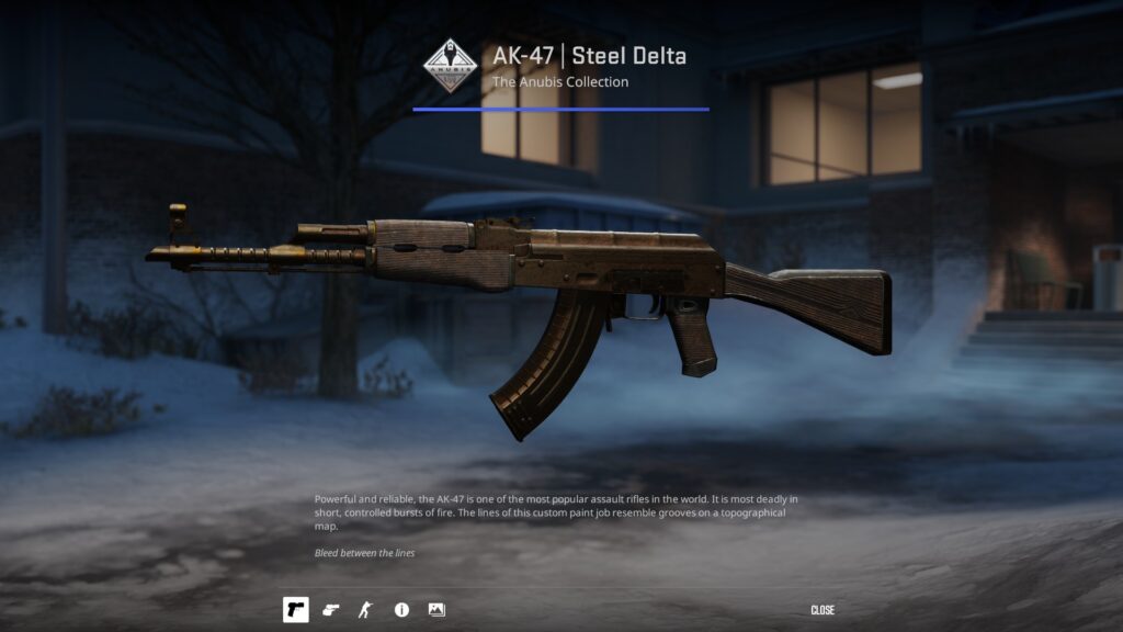 a Battle-Scarred Steel Delta skin preview, completely differently colored than the original