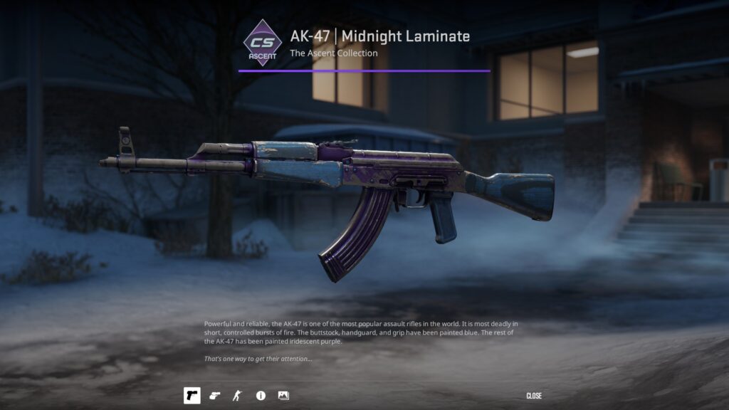 Midnight Laminate Battle-Scarred AK-47 skin, with most of the paint scraped from the gun due to the condition