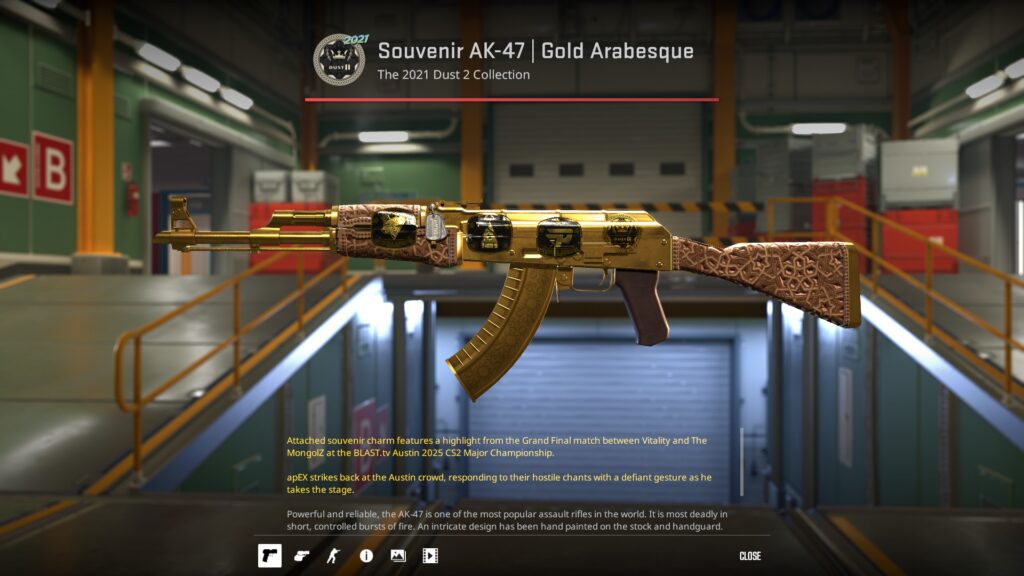Souvenir AK-47 Gold Arabesque skin with four applied stickers