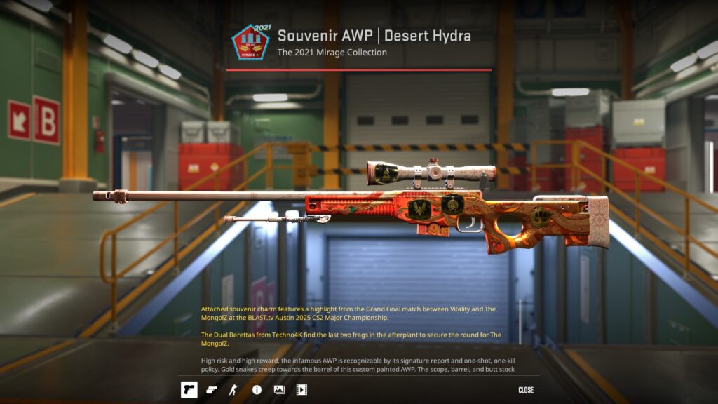 one of the more popular souvenir skins right now, the Desert Hydra AWP with applied stickers