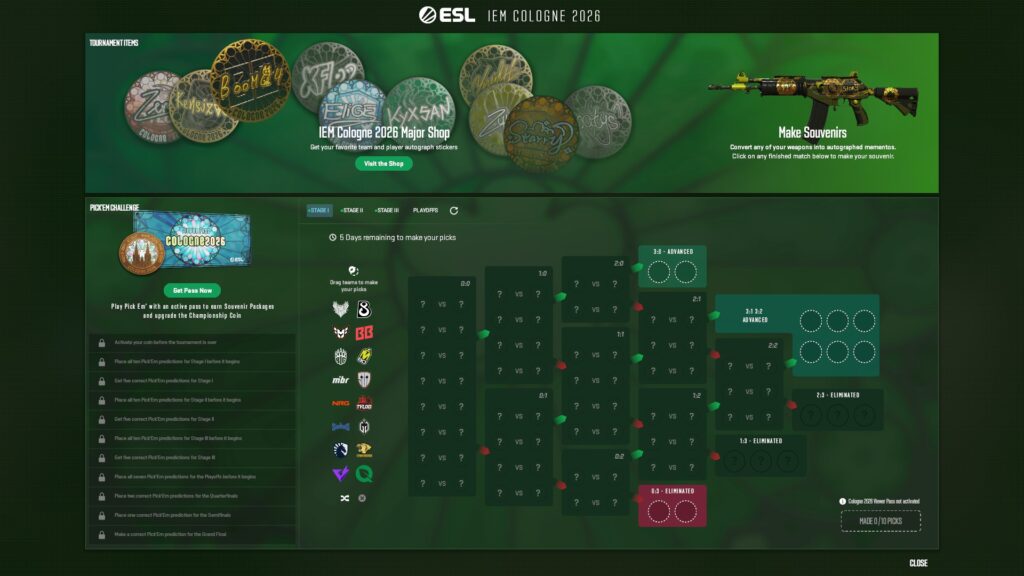 The IEM Cologne 2026 trade-up and tournament page in CS2