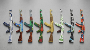 Some of the most legendary AK-47 skins lined up on a grey background