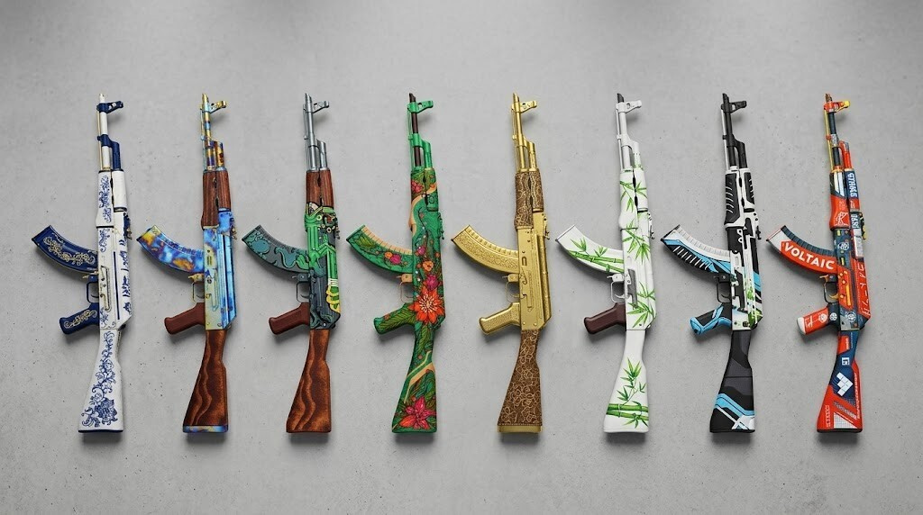 Some of the most legendary AK-47 skins lined up on a grey background
