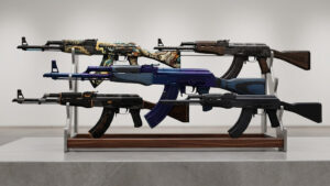 AK-47 skins under $5 all displayed on weapon racks