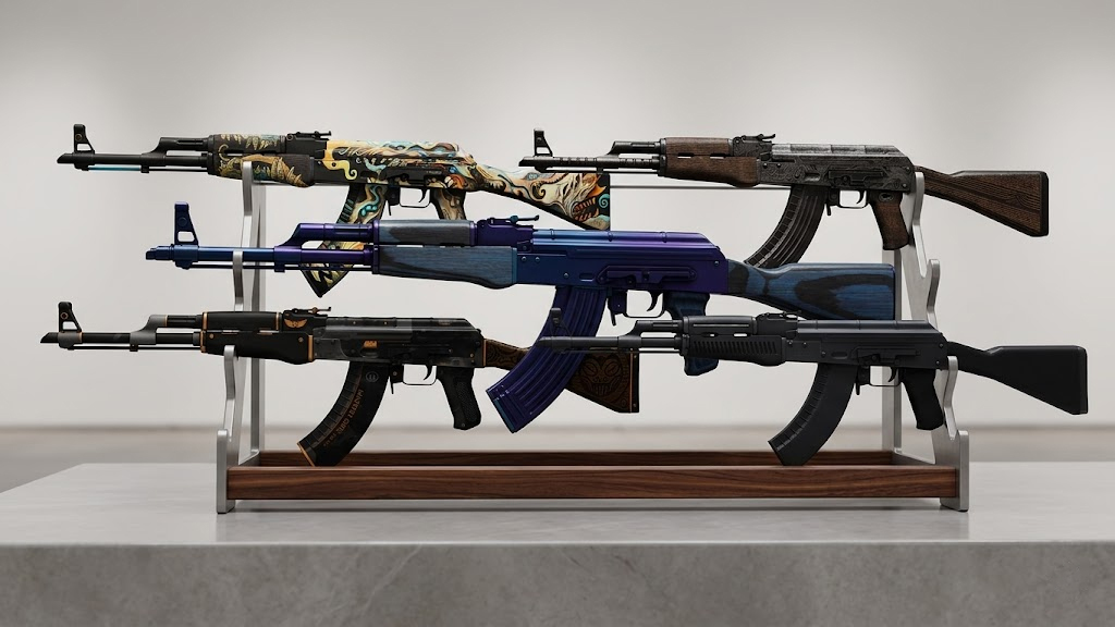 AK-47 skins under $5 all displayed on weapon racks