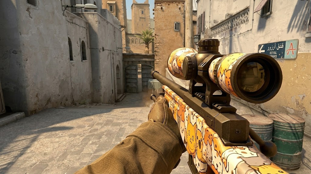a person peaking mid on Dust II with AWP PAW, one of the more affordable AWP skins