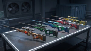 AWP skins under $5 placed on a table for display