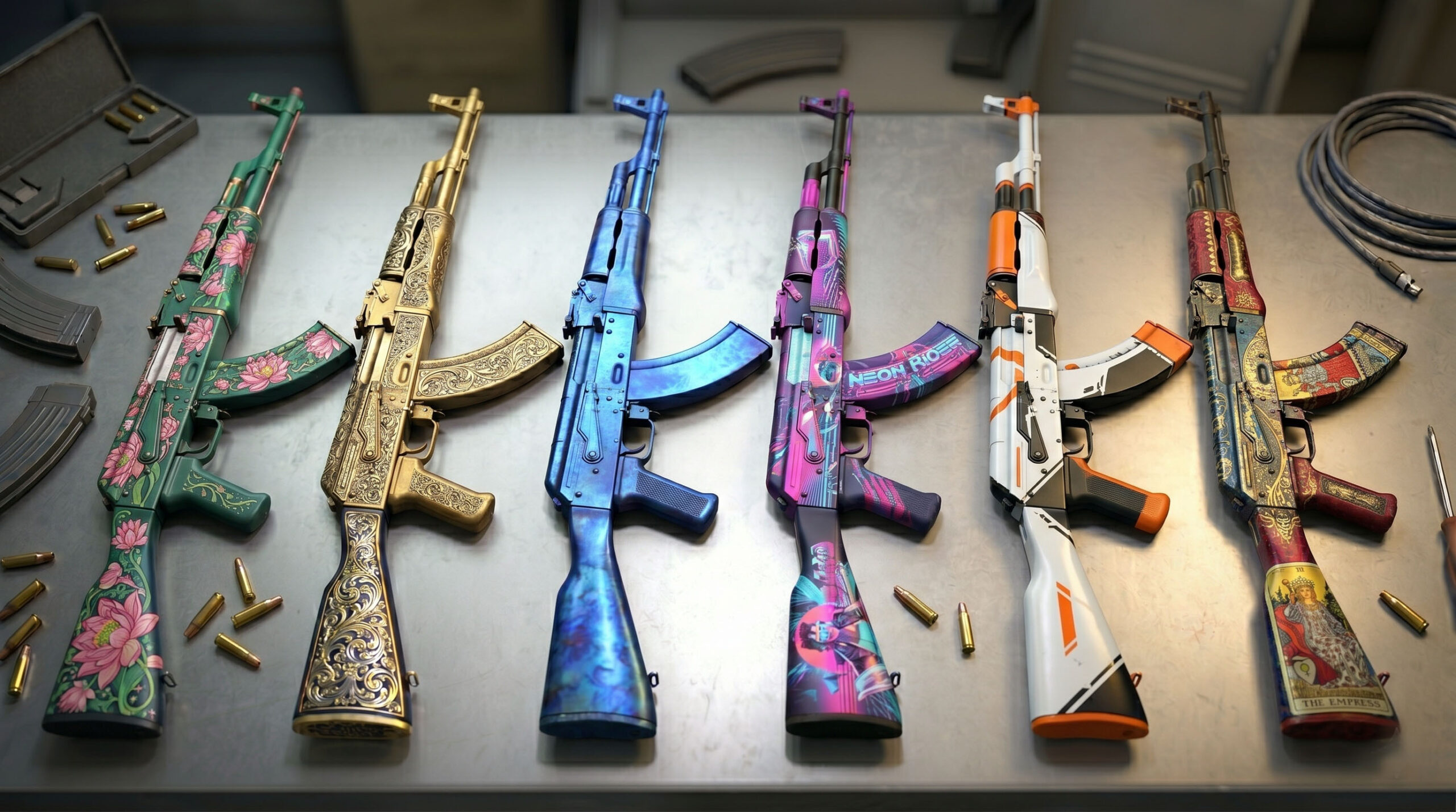 Six of the best AK-47 skins lined up on a table