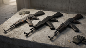 Three different affordable AK-47 skins on a table