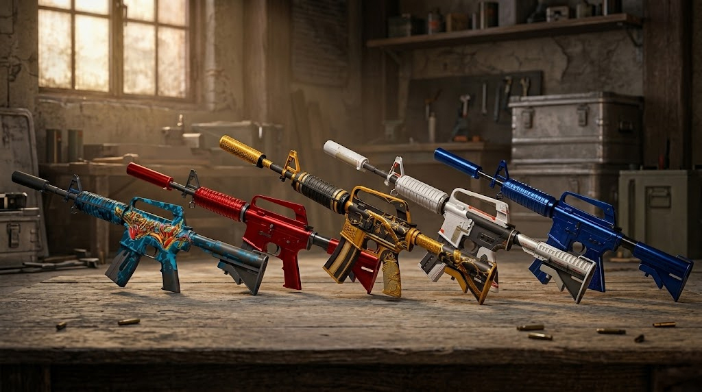 some of the more legendary M4A1-S skins lined up in a room