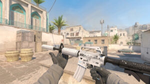 a player inspecting a Printstream M4A1-S on Dust 2, one of the best M4A1-S skins in the game for the gun