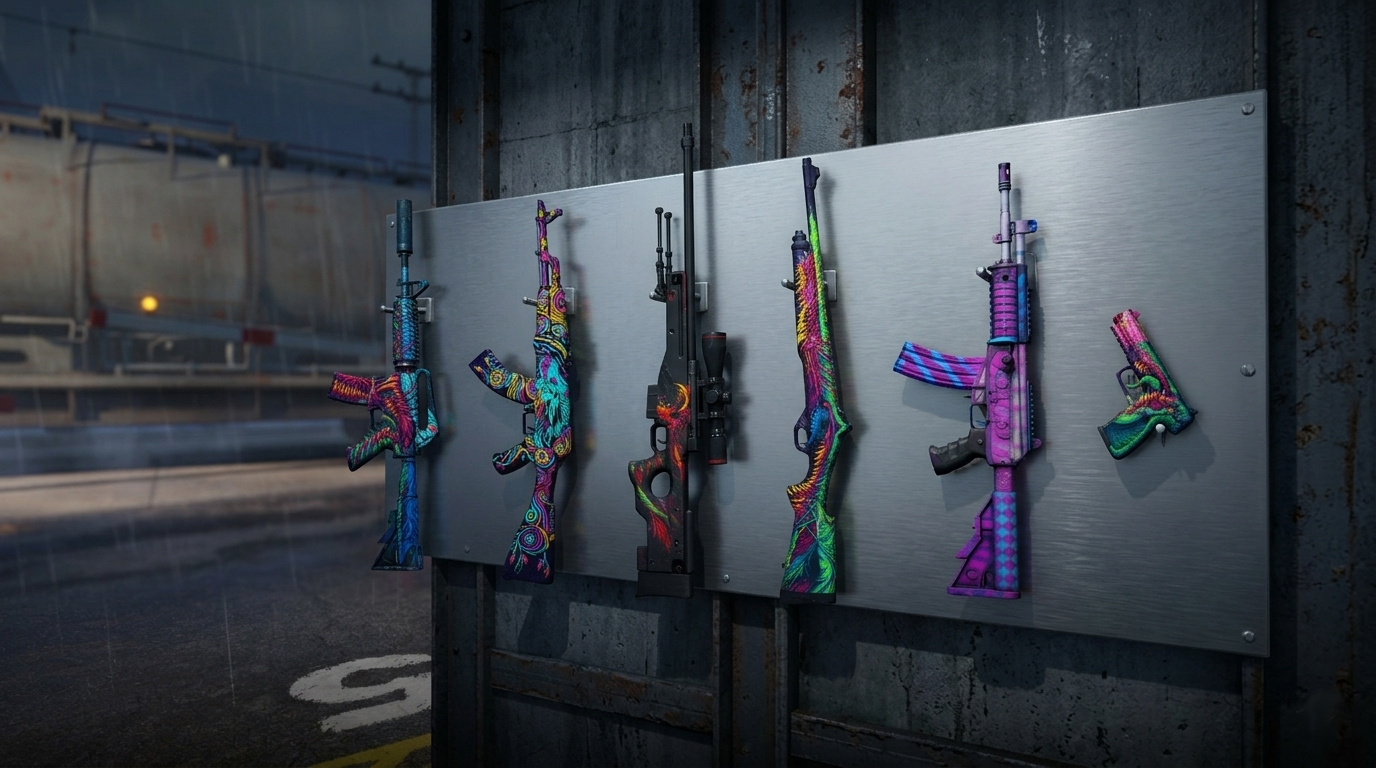 Hyper Beast skins lined up on a gun-rack