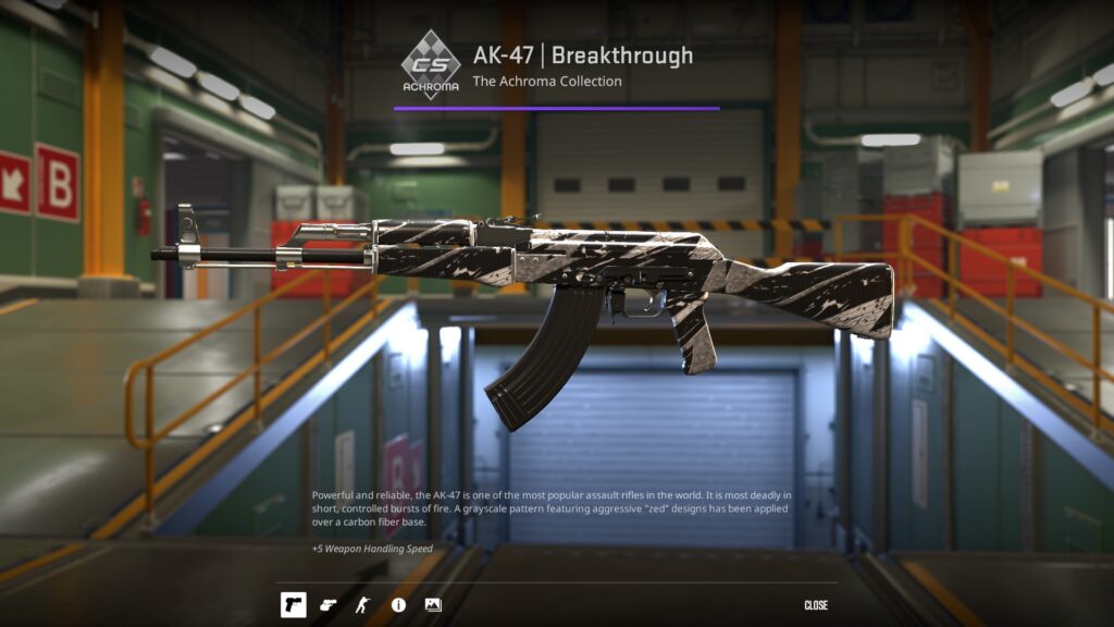 Ak-47 Breakthrough skin with black and white patterns displayed on Nuke