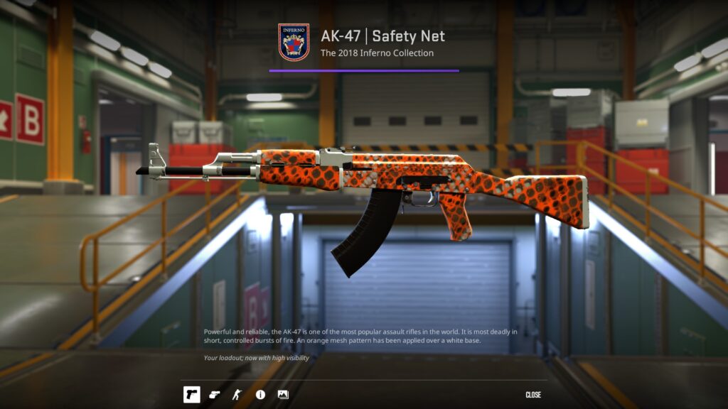 Black and orange patterned Safety Net, one of the more vibrant AK-47 skins under $10